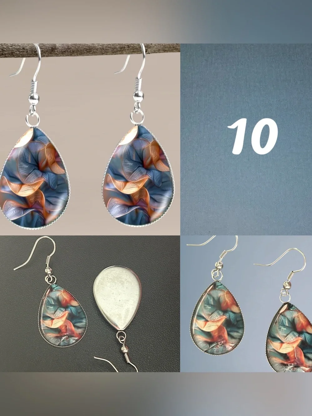 Glass Dome Teardrop Dangle Earrings Floral & Abstract Watercolor Cabochon Design